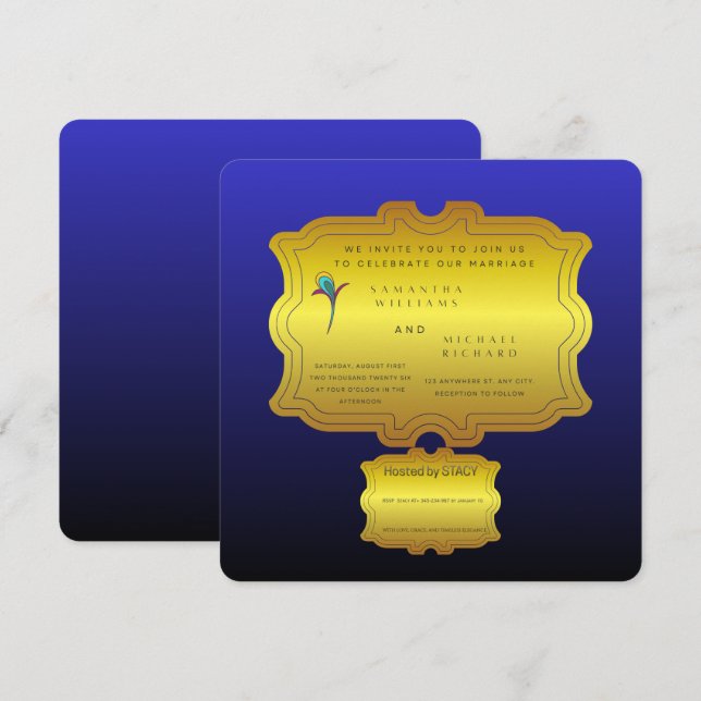 Invitación Editable Royal Blue Elegant Wedding Invite | Custo (Anverso / Reverso)