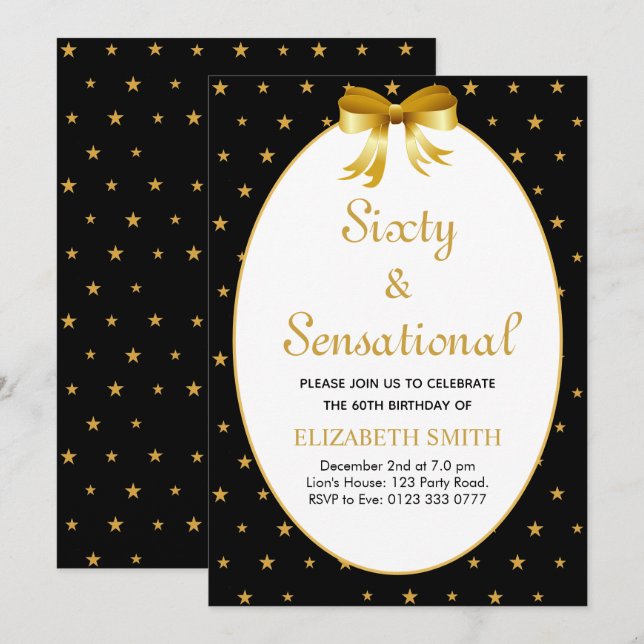 Invitación Editable Sesenta y Sensacional con estrellas dorad (Anverso / Reverso)