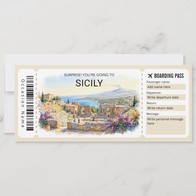 Invitación Editable Sicily Trip Boarding Pass Ticket (Anverso)