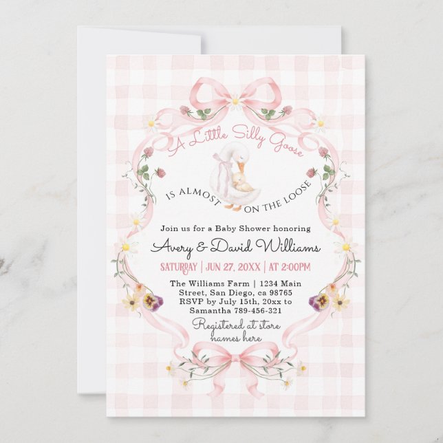 Invitación Editable Silly Goose Baby Shower Pink Bow (Anverso)