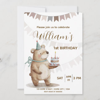 Invitación Editable Teddy Bear First Birthday Invitation 