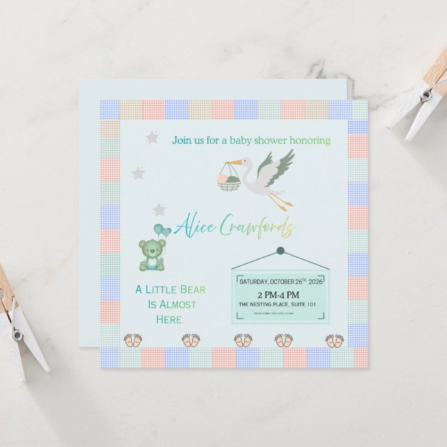 Invitación Editable Teddy Bear & Stork Blue Plaid Baby Shower (Anverso/Reverso In Situ)