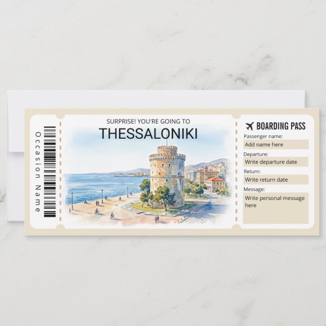 Invitación Editable Thessaloniki Trip Boarding Pass Ticket (Anverso)