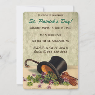 Invitación Editable Top Hat Cane y trébol Día de San Patricio