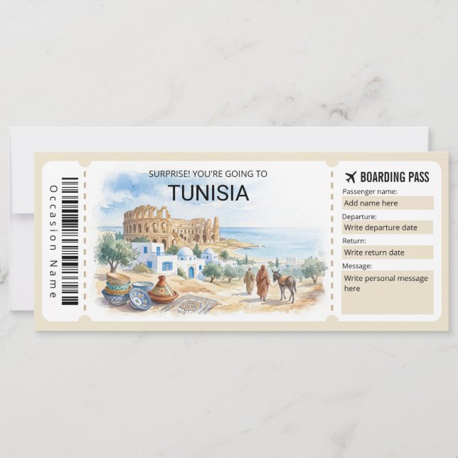 Invitación Editable Tunisia Plane Boarding Pass Ticket (Anverso)