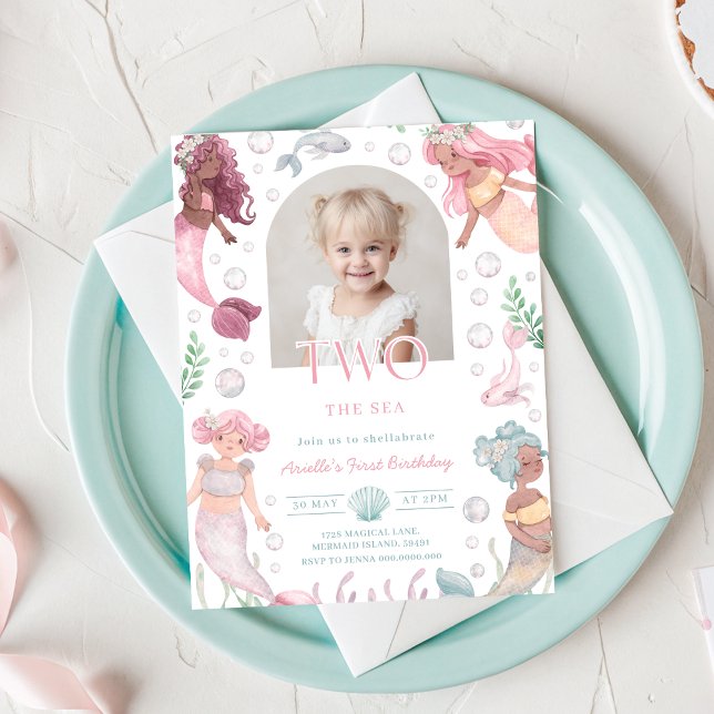 Invitación Editable Two The Sea Mermaid Invite Girl Printable (Watercolor Mermaid 2nd Birthday Invitation With Picture)