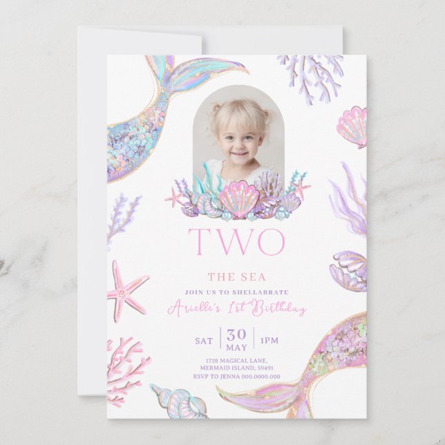 Invitación Editable Two The Sea Mermaid Tail Invite Girl Glit (Anverso)