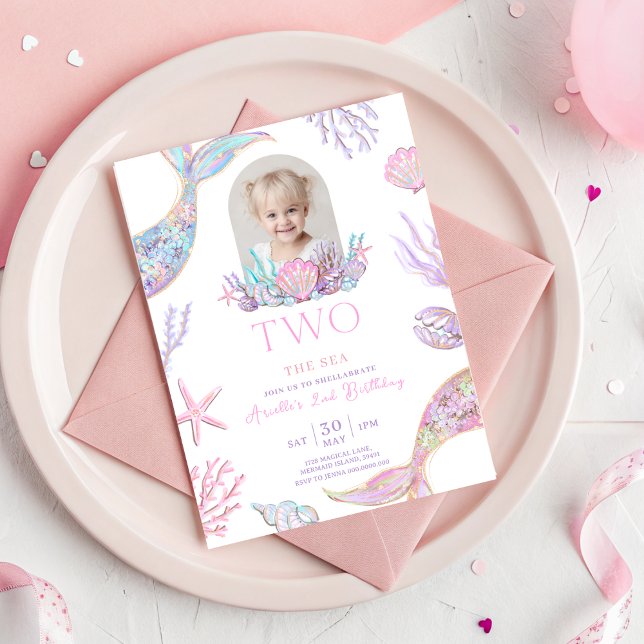 Invitación Editable Two The Sea Mermaid Tail Invite Girl Glit (Mermaid Tail 2nd Birthday Invitation With Picture)