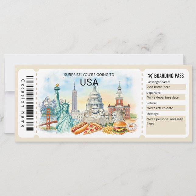 Invitación Editable USA Trip Boarding Pass Ticket (Anverso)