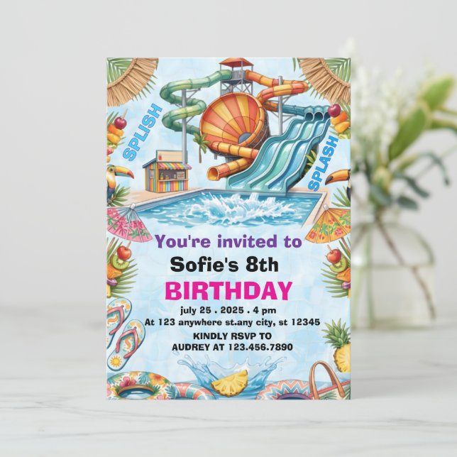 Invitación Editable Water Slide Birthday Splash Pool Party  (Anverso de pie)