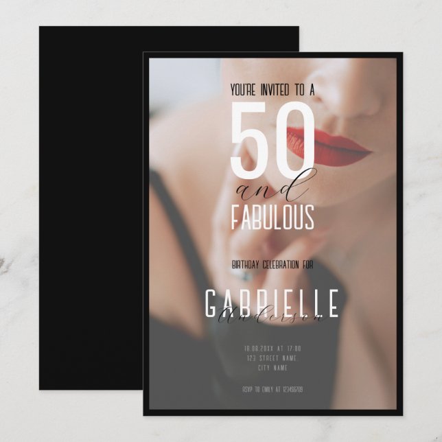 Invitación Editorial 50 y fabuloso cumpleaños con foto comple (Anverso / Reverso)