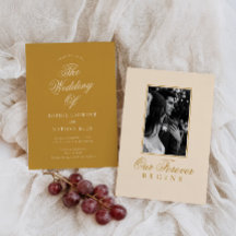 Invitación editorial de foto de boda en dorado mos