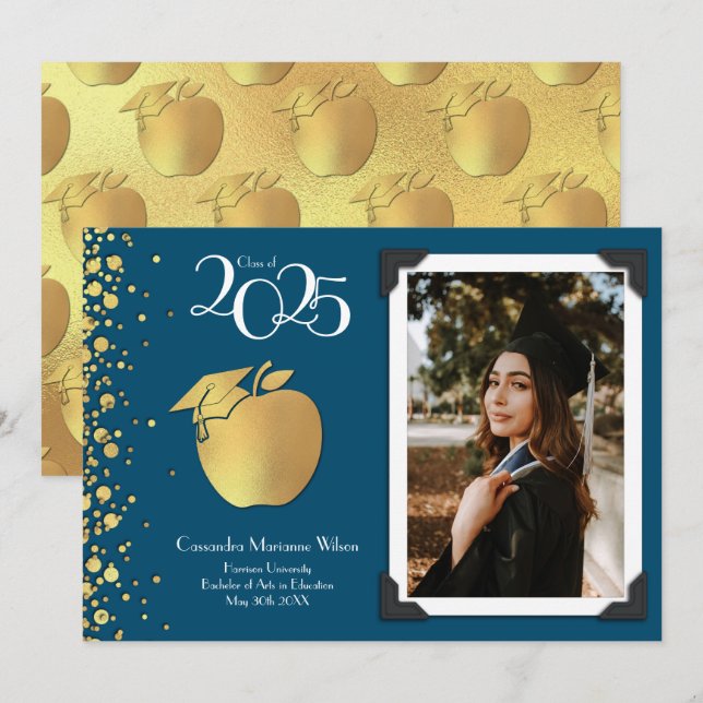 Invitación Educación de profesores Oro Marina de Graduación A (Anverso / Reverso)