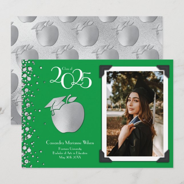 Invitación Educación del profesor Graduación Plata Verde (Anverso / Reverso)