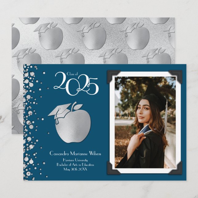 Invitación Educación del profesorado Silver Graduación Marina (Anverso / Reverso)