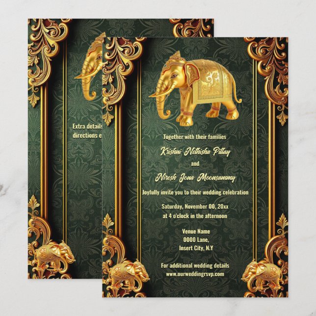 Invitación Eelefantes indios de oro verde brocado hindi (Anverso / Reverso)
