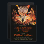 Invitación Eerie Night Owl Halloween 21 Birthday Fiesta Invi<br><div class="desc">Un fondo negro con una colorida acuarela,  lechuza pintada naranja invitación a la fiesta de cumpleaños 21 de Halloween.</div>