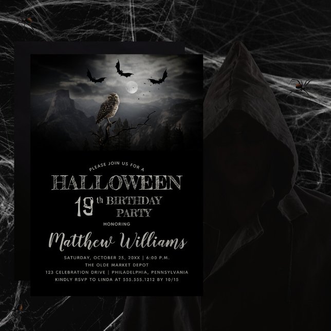 Invitación Eerie Owl Bats Night Halloween 19 cumpleaños (Beware the erie creepy, spooky night -- owl and bats Halloween-themed 19th Birthday Party design.  )