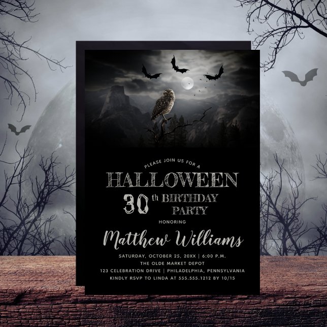 Invitación Eerie Owl Bats Night Halloween 30 Birthday Fiesta (Eerie Owl and Bats Spooky Night 30th Birthday Party Invitation)