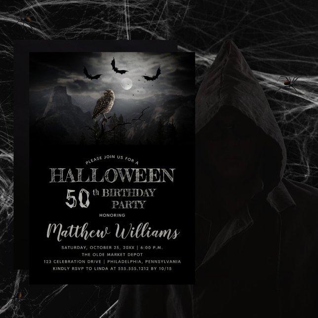 Invitación Eerie Owl Bats Night Halloween 50 cumpleaños (Beware the erie creepy, spooky night -- owl and bats Halloween-themed 50th Birthday Party design.  )
