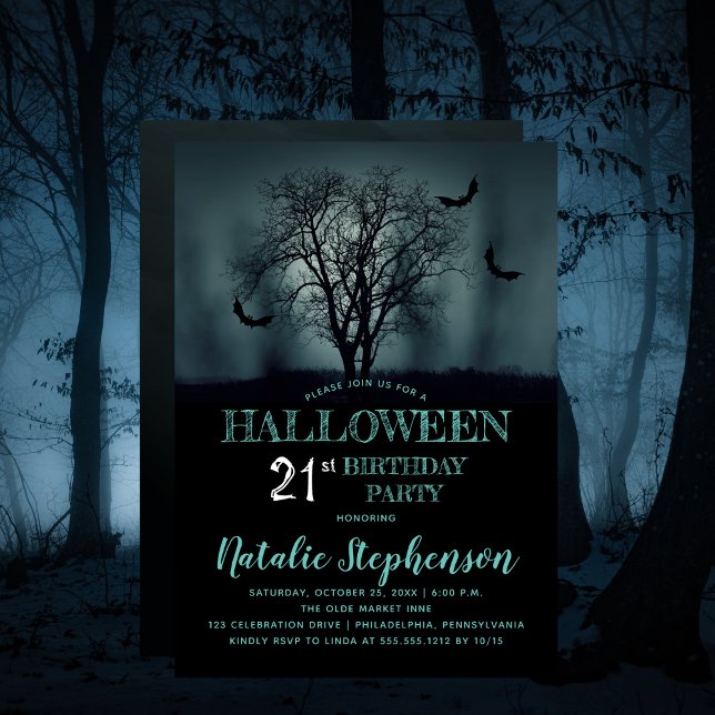Invitación Eerie Tree Bats Halloween 21 cumpleaños Fiesta (Eerie Tree and Bats Halloween 21st Birthday Party Invitation)