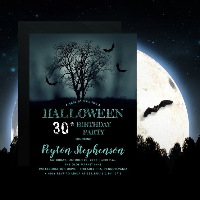 Invitación Eerie Tree Bats Halloween 30 cumpleaños Fiesta (Beware the erie creepy, spooky night with bats -- Halloween-themed 30th Birthday Party design. )