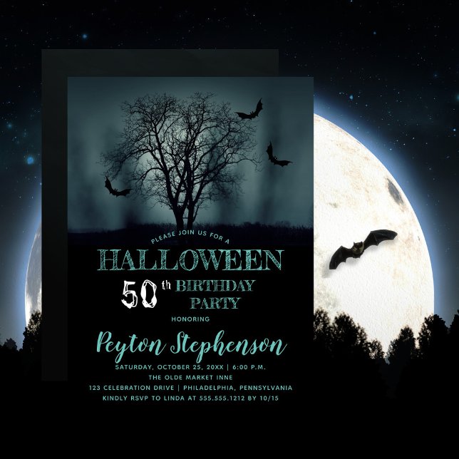 Invitación Eerie Tree Bats Halloween 50 cumpleaños (Beware the erie creepy, spooky night with bats -- Halloween-themed 50th Birthday Party design.  )