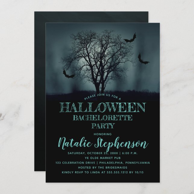 Invitación Eerie Tree Bats Night Halloween Bachelorette Party (Anverso / Reverso)