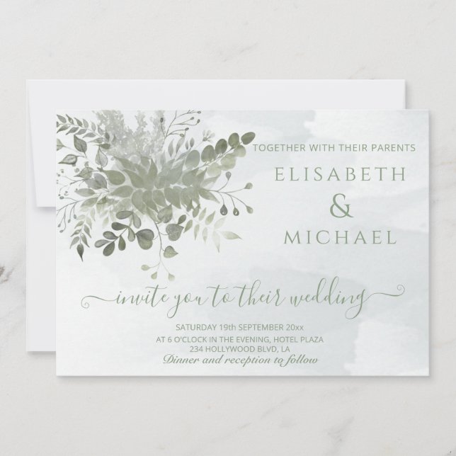 Invitación Eeucalipto color de agua azul turbio (Anverso)