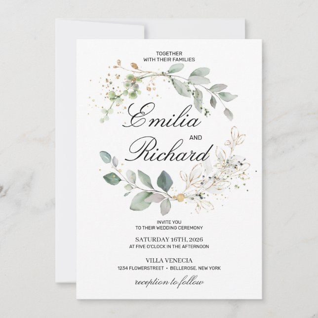 Invitación Eeucalipto moderno y elegante de vegetación y oro (Anverso)