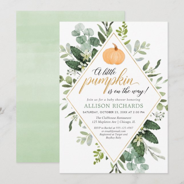Invitación Eeucalipto verde calabaza caída neutra de género (Anverso / Reverso)