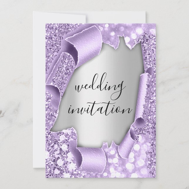 Invitación Efecto 3D boda Elegante Purpurina de Plata Púrpura (Anverso)