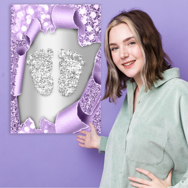 Invitación Efecto 3d del Chica Pies Baby Shower Púrpura Plate (Silver Purple Baby Shower Feet Boy Girl 3d Effect Invitation)