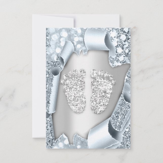 Invitación Efecto 3d del Chica Silver Blue Baby Shower Feet B (Reverso)