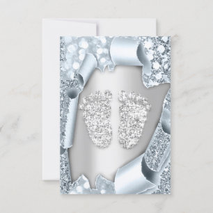 Invitación Efecto 3d del Chica Silver Blue Baby Shower Feet B