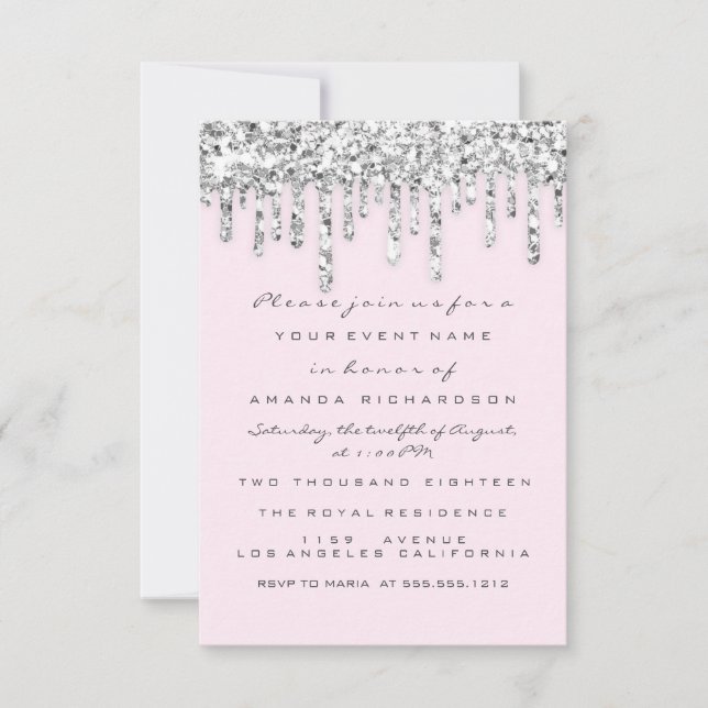 Invitación Efecto Brillo Gris Plateado Rosa Gotea Nupcial (Anverso)
