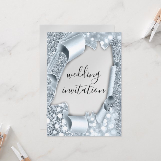 Invitación Efecto de carro 3D boda Purpurina elegante azul (Anverso/Reverso In Situ)