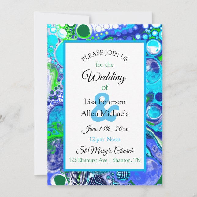 Invitación Efecto De Pintado De Pour Verde De Marble Azul Bod (Anverso)
