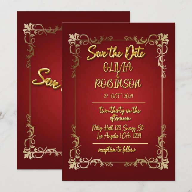 Invitación Efecto de texto 3D dorado y burdeos para salvar la (Anverso / Reverso)