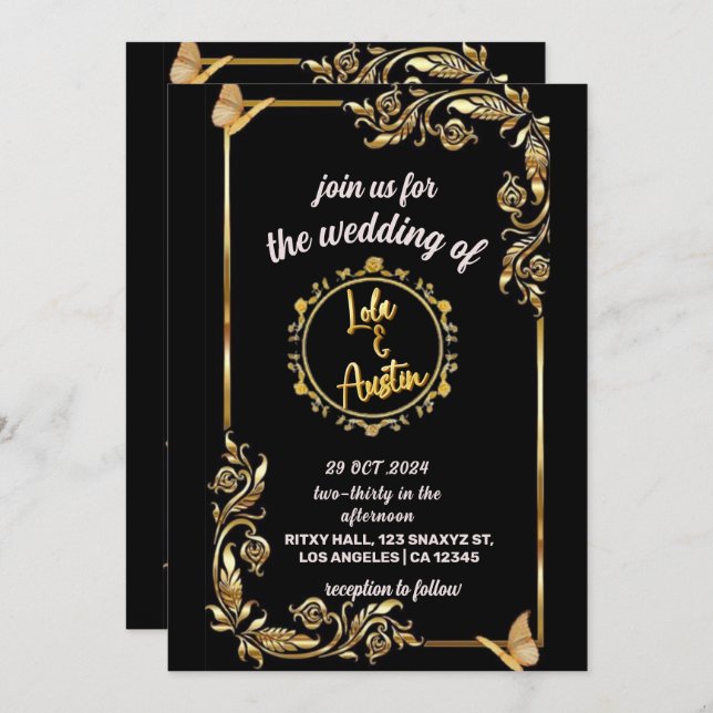 Invitación Efecto de texto 3D negro y dorado Guardar la boda  (Anverso / Reverso)