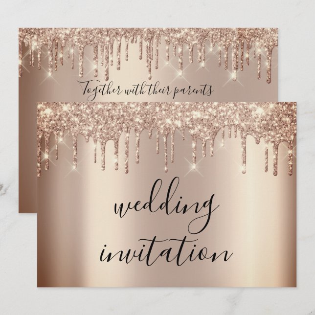 Invitación Efecto del Purpurina de oro Rosa de Boda espumoso (Anverso / Reverso)