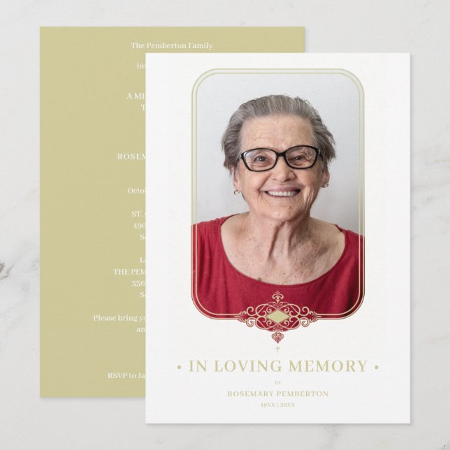 Invitación Efecto dorado funerario Efecto de encaje ornamenta (Anverso / Reverso)