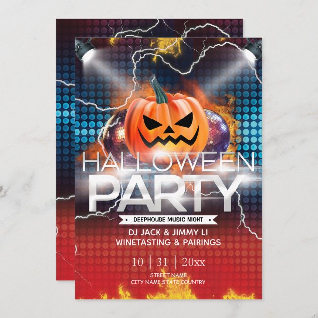 Invitación Efecto neón electrónico Jack-O-Lantern Halloween (Anverso / Reverso)