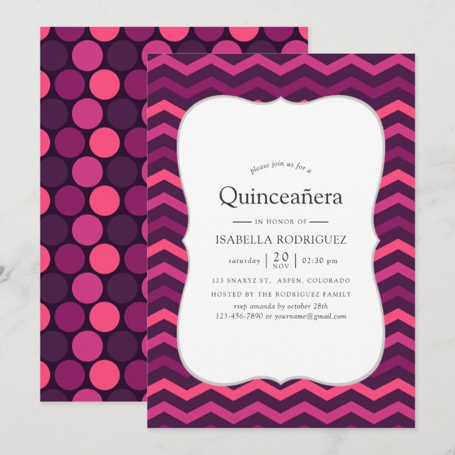 Invitación Efecto neón púrpura y rosa Quinceañera (Anverso / Reverso)