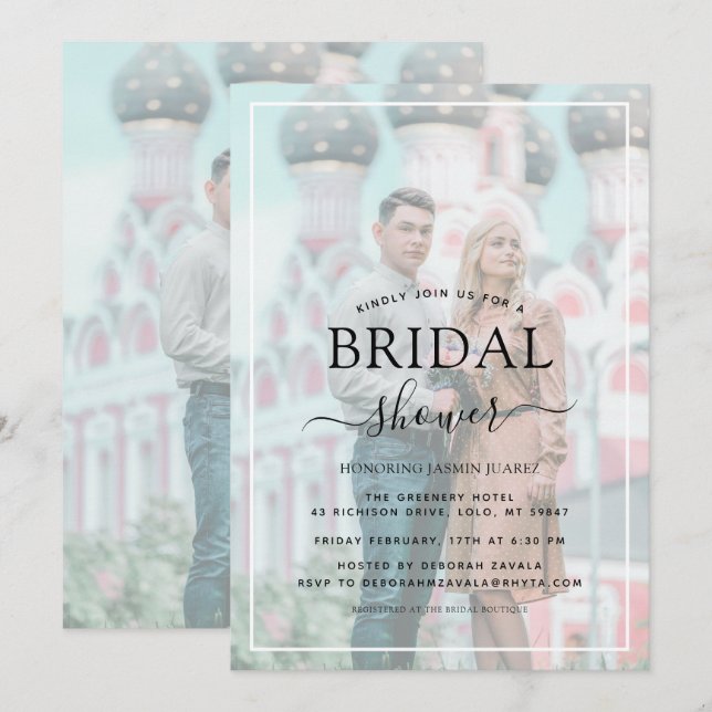 Invitación Efecto Vellum de borde blanco Foto ducha de novia (Anverso / Reverso)