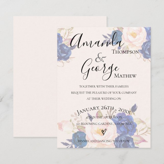 Invitación Efecto vellum Faux Rubor Boda floral rosa (Anverso / Reverso)