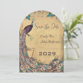 Invitación Eggplant Aqua Peacock Vintage 3 Fethers