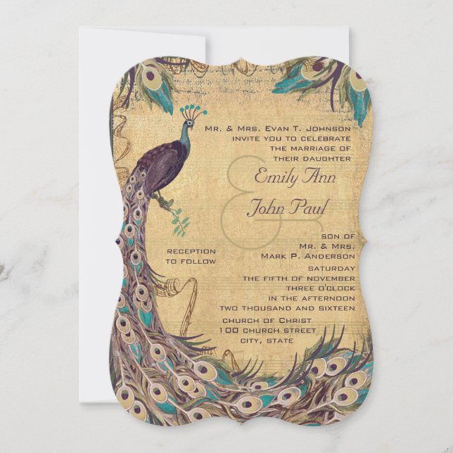 Invitación Eggplant Aqua Peacock Vintage 3 Fethers (Anverso)