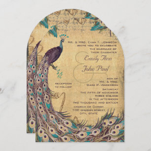 Invitación Eggplant Aqua Peacock Vintage 3 Fethers