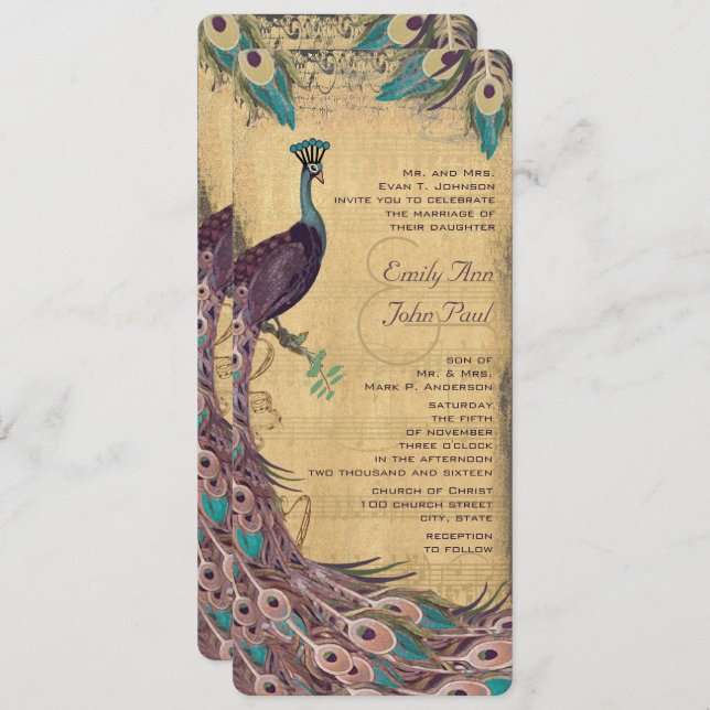 Invitación Eggplant Aqua Vintage Peacock Boda (Anverso / Reverso)